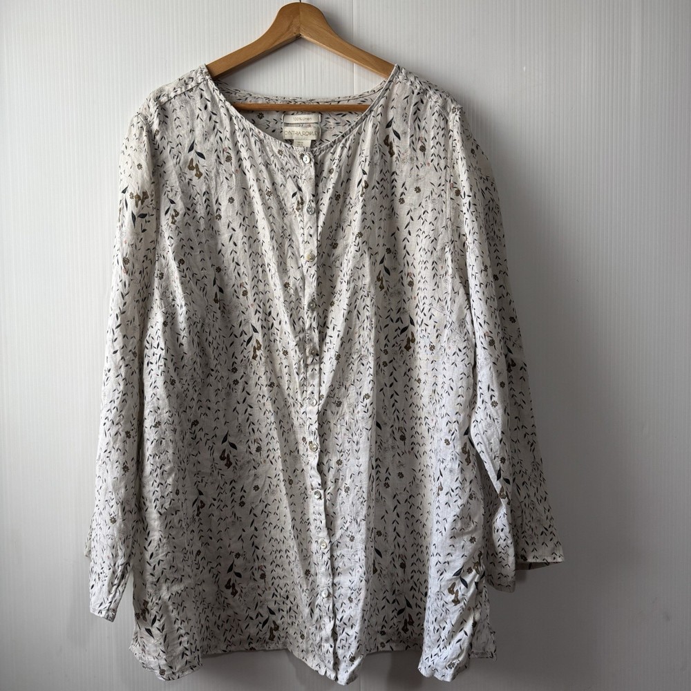 Cynthia Rowley 100% Linen Womens Tunic 2X Button Up Floral Botanical Roll Tab