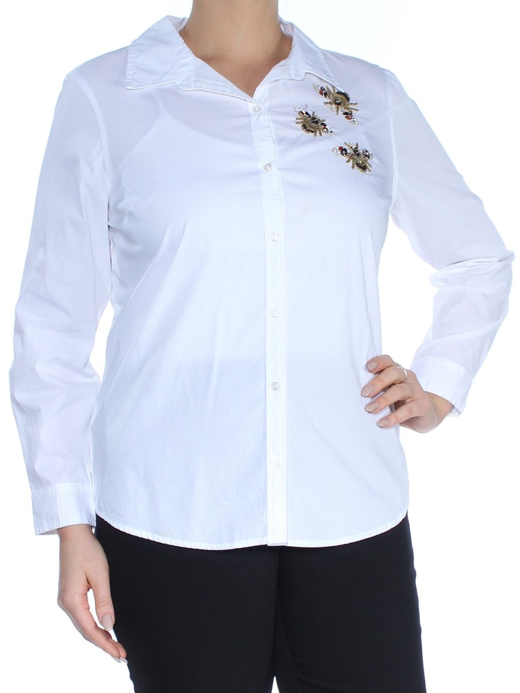 CHARTER CLUB Womens White Long Sleeve Collared Top Petites Size: 12P