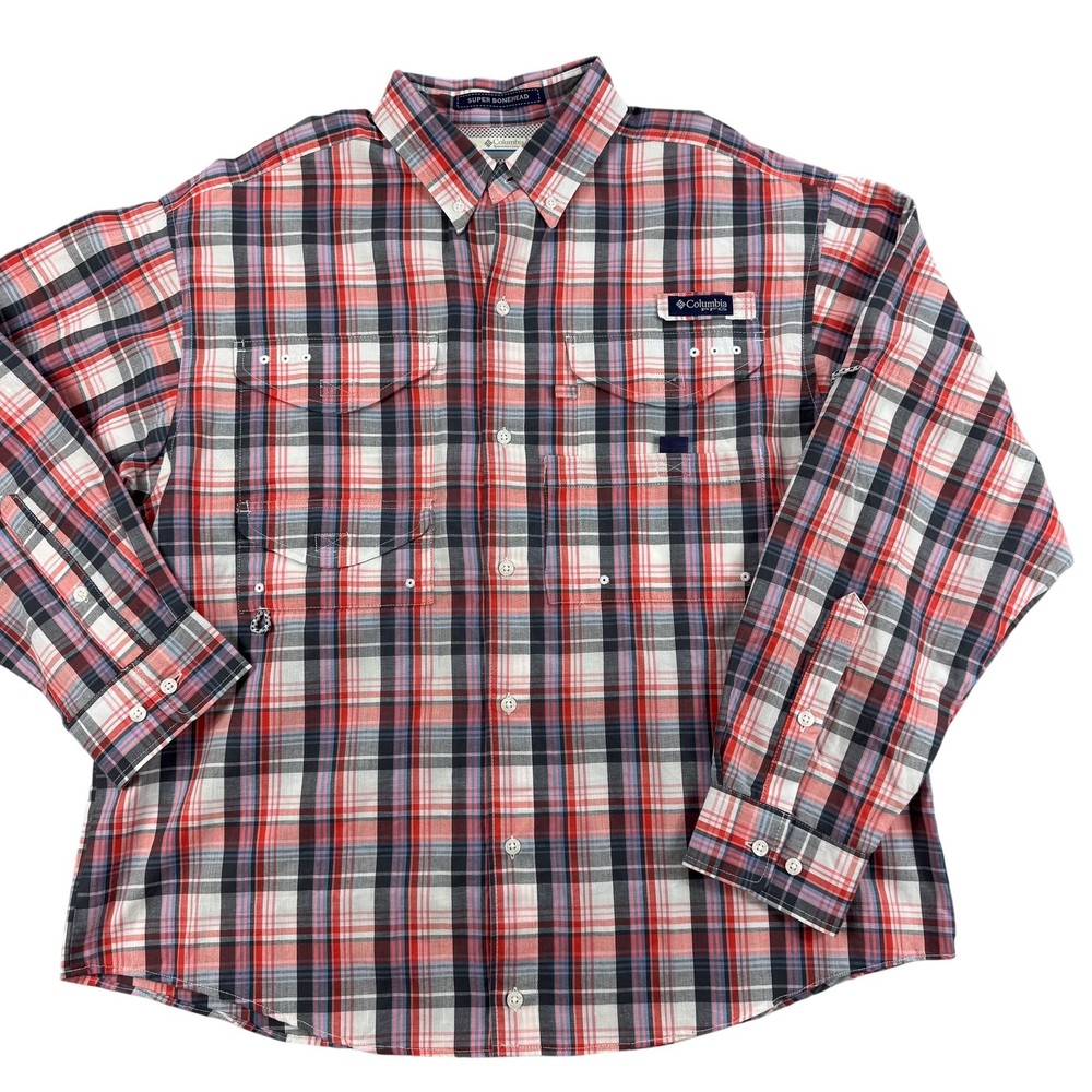 Columbia PFG Super Bonehead Shirt Mens Medium Red Plaid Long Sleeve Fishing Hike
