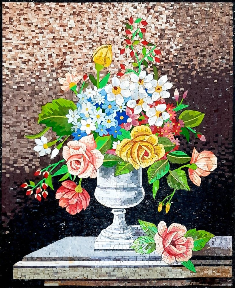 32x40 Inch Floral Mosaic Wall Art Handcrafted Marble Tile Vase Design