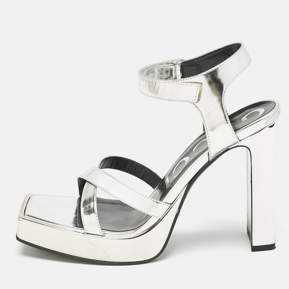 Gucci Silver Leather Buckle Crystal Platform Sandals Ankle Strap