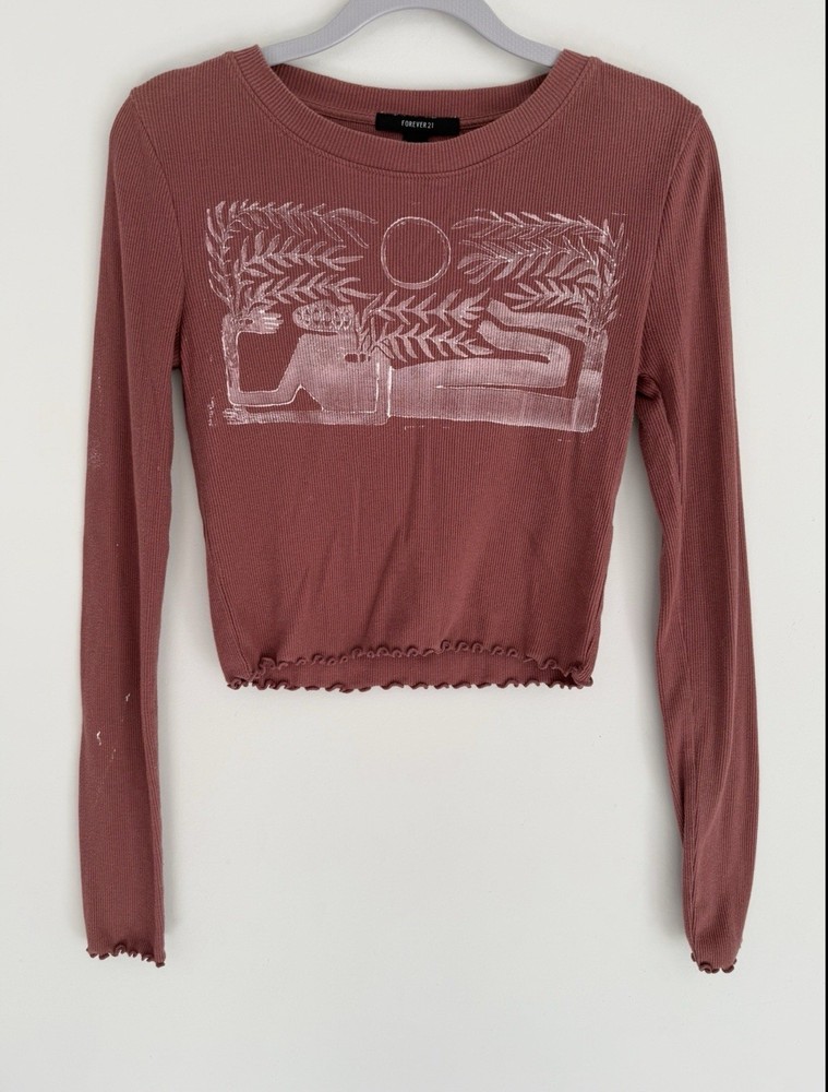 Women’s Forever 21 Pink Cropped Graphic Long Sleeve T Shirt Top Size MEDIUM