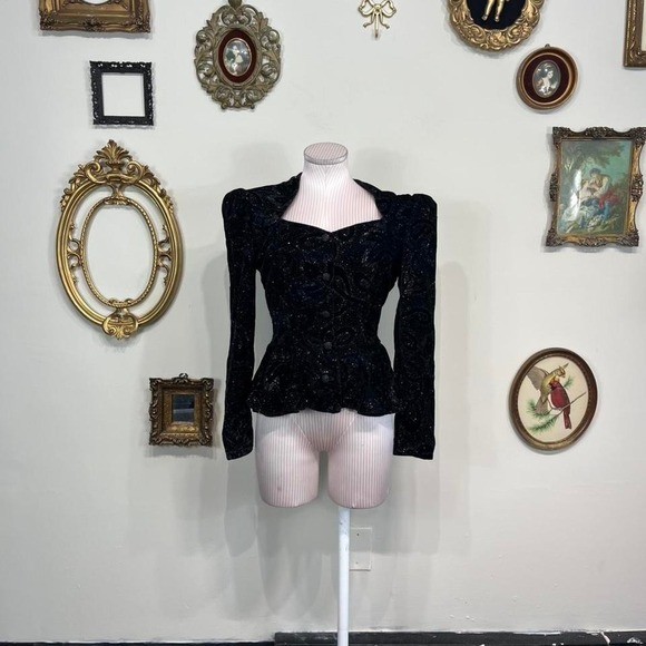 Vintage Gunne Sax Black Velvet Beaded Top – Romantic Gothic Lace Blouse