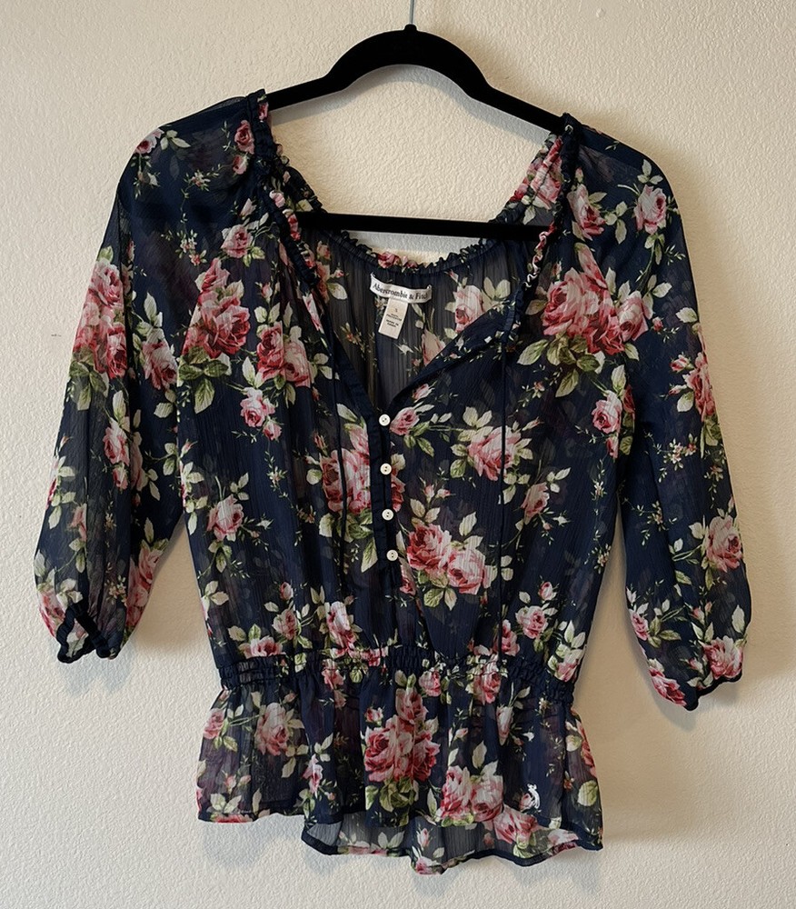 Abercrombie & Fitch Semi Sheer Womens Top Size Small Navy Floral Peasant