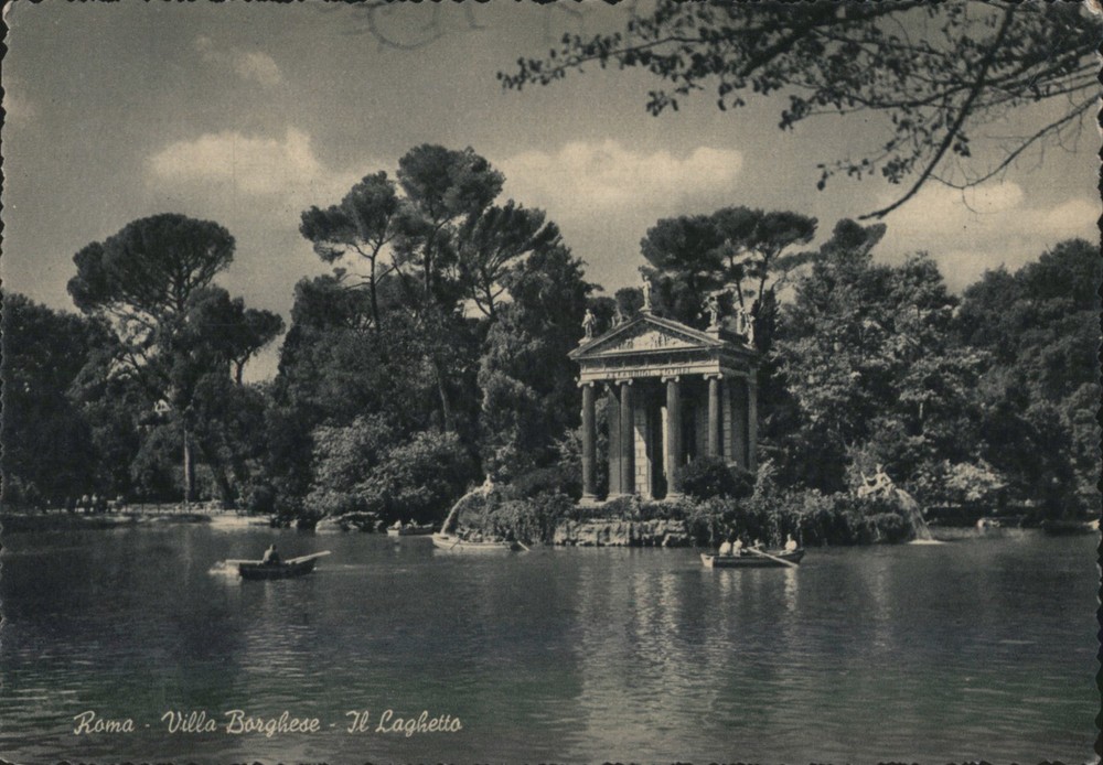 Rome, Italy Villa Borghese Il Laghetto Lake Temple Boats Vintage Postcard