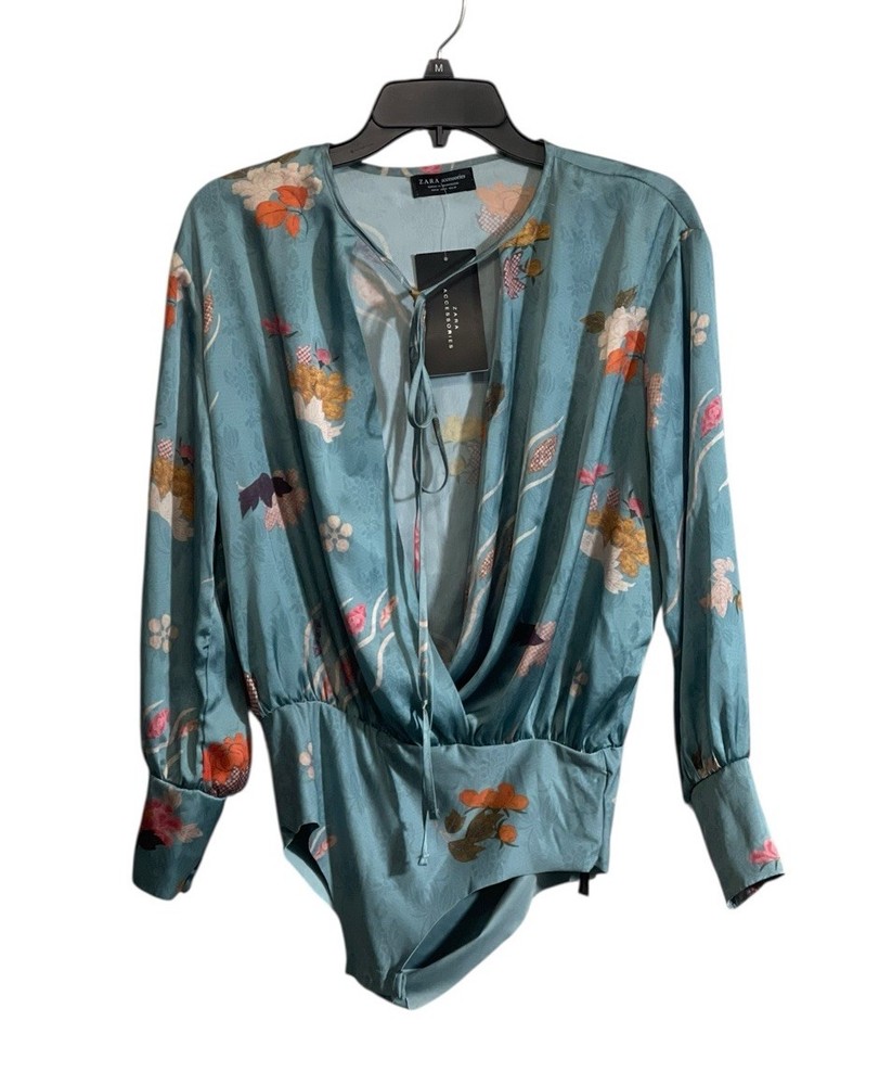 NWT Med Zara Deep V Neck Satin Blouse Bodysuit Teal Floral Long Sleeve
