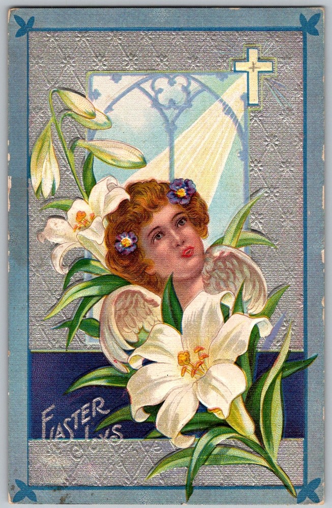 Antique Postcard Easter Angel Lilies 1910s