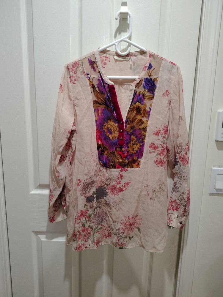 Soft Surroundings Floral Tunic Sz M Sheer Long Sleeve Boho Velvet Accents