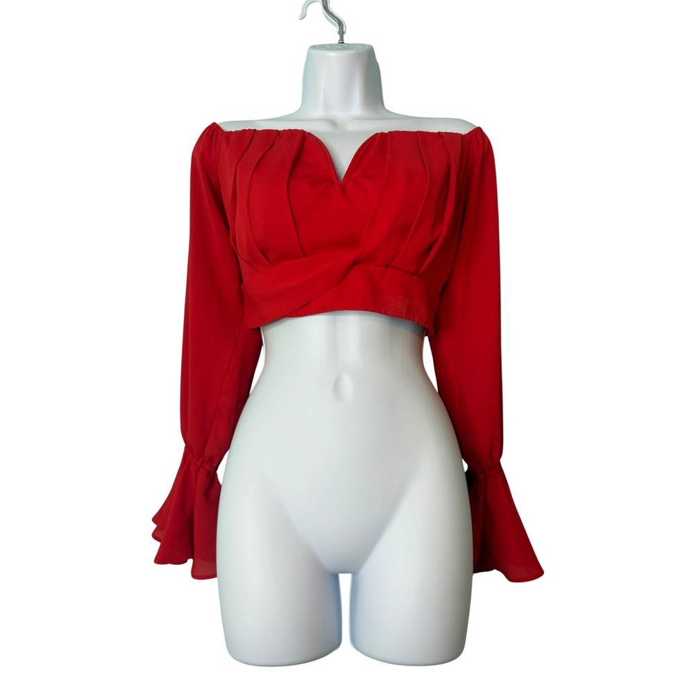 Banjul Red Off Shoulder Long Sleeve Crop Top Bell Sleeve Ruffle Sm Resort Sexy
