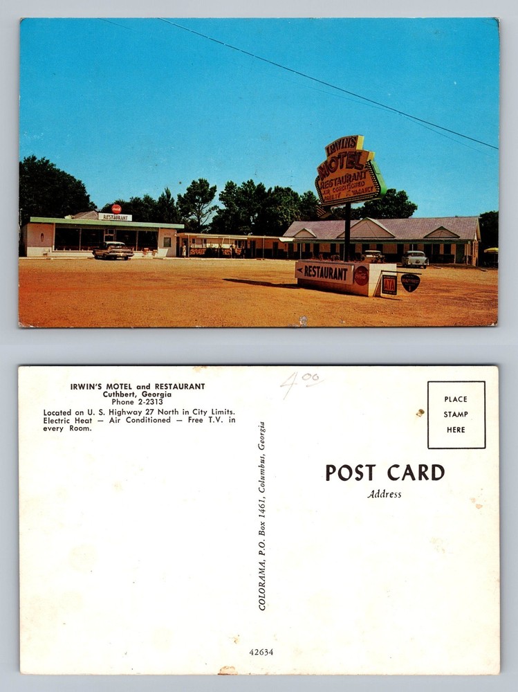Cuthbert, GA-Georgia, Irwin's Motel Restaurant Exterior View Vintage Postcard