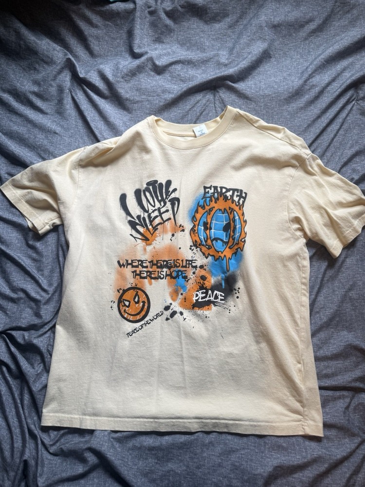 INFLATION XL Beige Graphic Print Streetwear Peace Men's Crew Neck T-Shirt