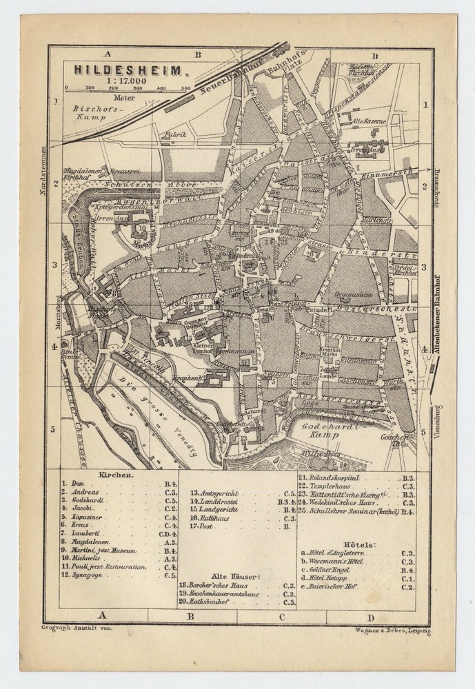 1892 Original Antique Map Of The City Of Hildesheim / Lower Saxony Germany