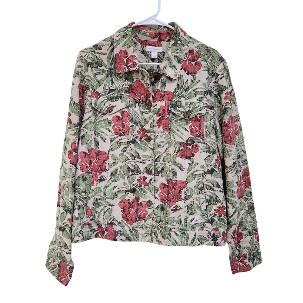 Charter Club Linen Floral Shirt Jacket Button Front Tropical Muticolor Size XL