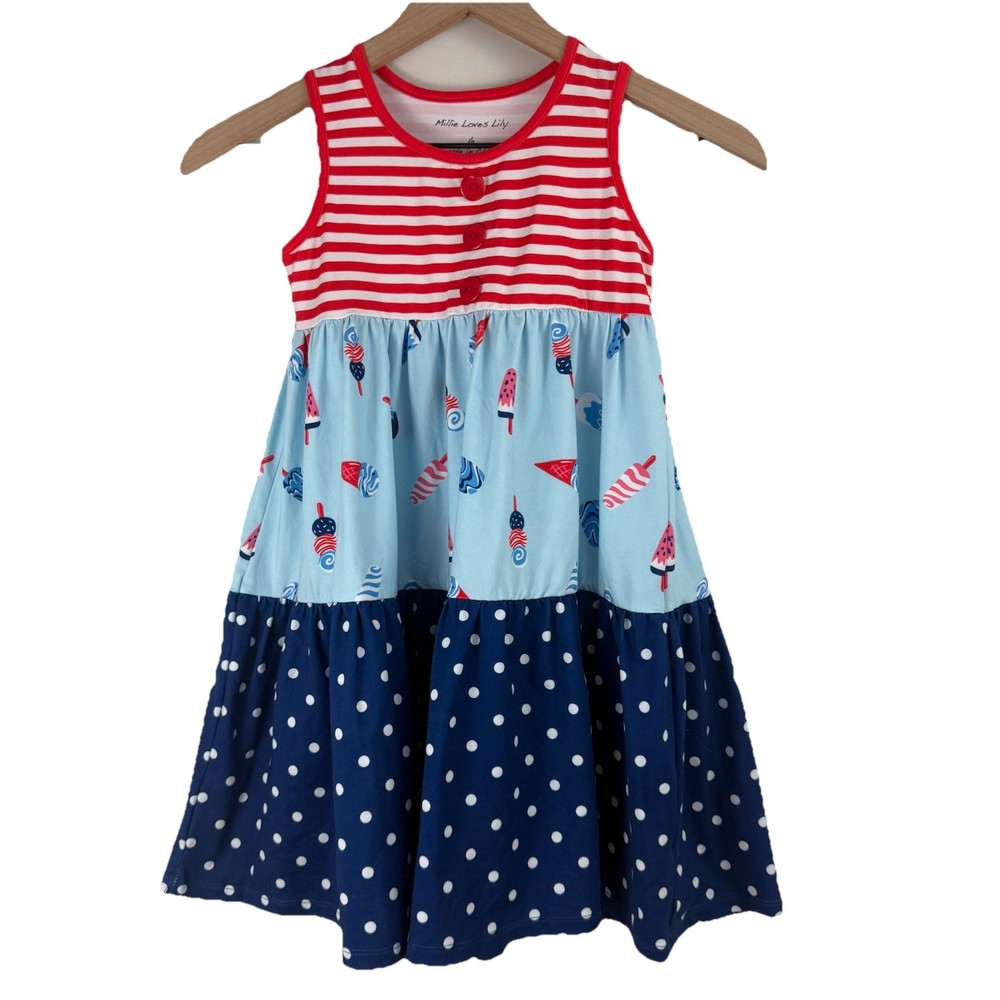 Millie Loves Lily Fit & Flare Ice Cream Striped Polka Dot Dress Girls Size 6