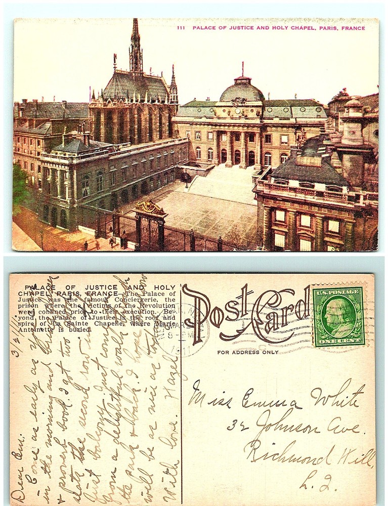 S04-5995, Palace Of Justice And Holy Chapel, Paris, 1911 Postmarked, Postcard