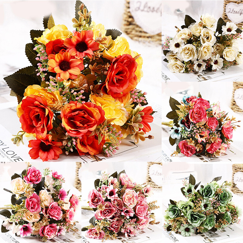 15 Heads Artificial Silk Fake Flowers Bunch Bouquet Wedding Home Party Decor +