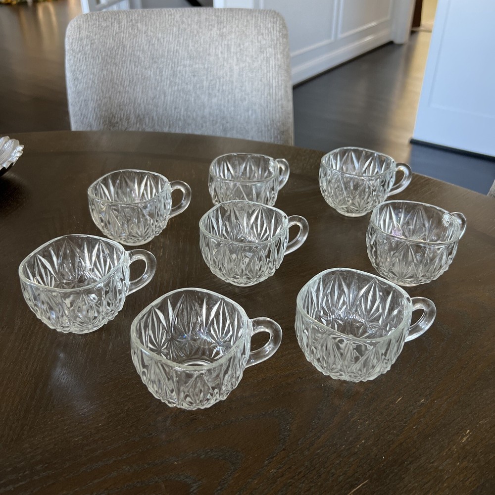 8 Vintage MCM Hazel Atlas Punch Bowl Cups Square Pressed Glass Drinkware