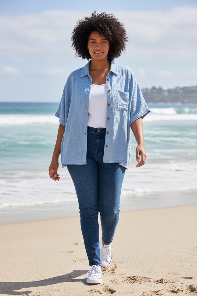 Old Navy Crinkle Gauze Button-Down Shirt Womens Light Blue Casual Comfy 2xl