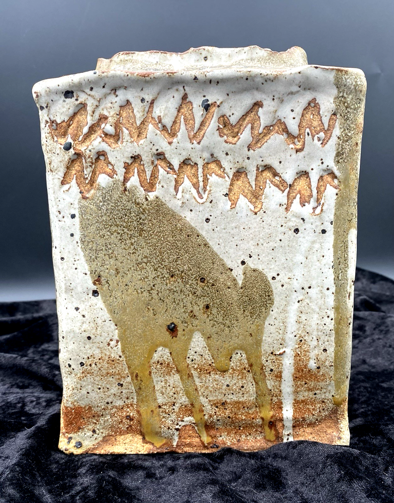 Vintage Stoneware Square Vase with Drip Glaze and Etched Funnel Neck