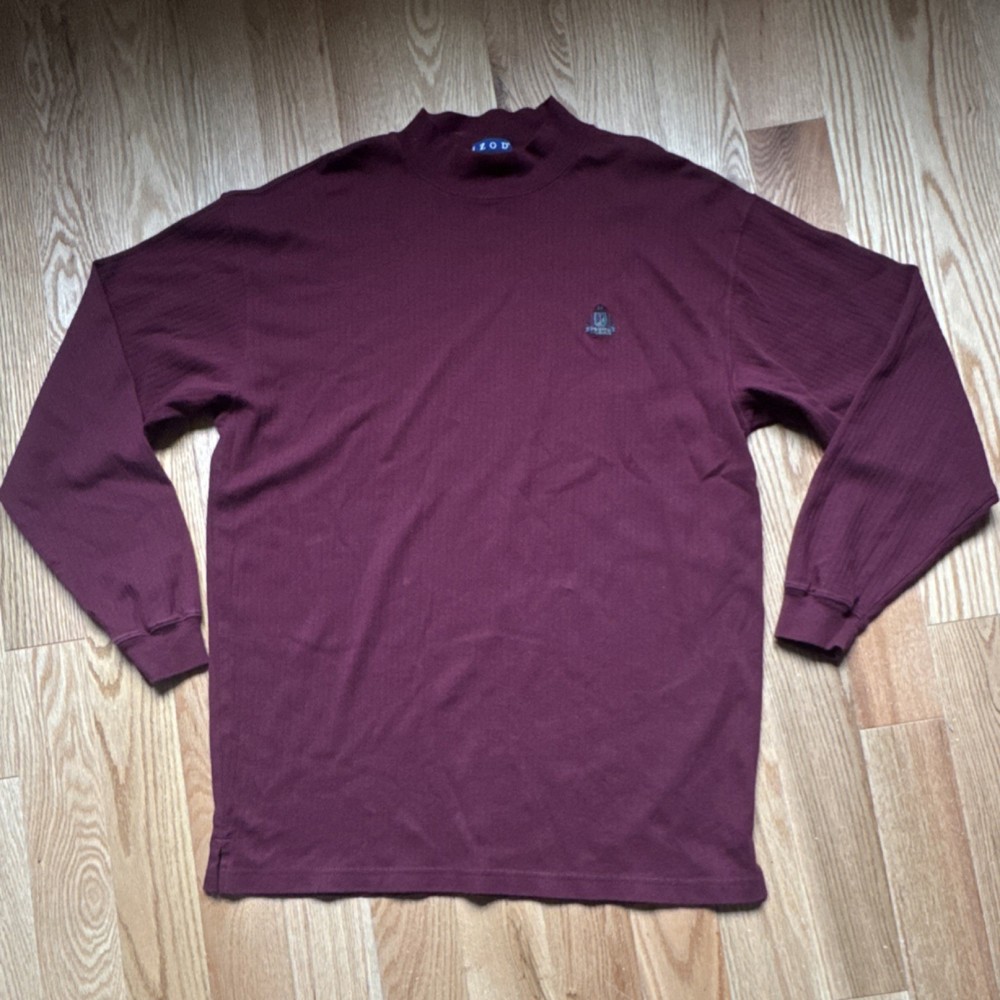 IZOD Burgundy Cotton Mock Neck Long Sleeve Logo Men's L T-Shirt