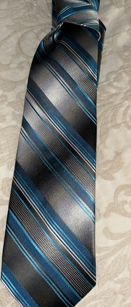 Pierre Cardin Men's 100% Silk Tie ~Gray Aqua White Striped ~ Vintage!