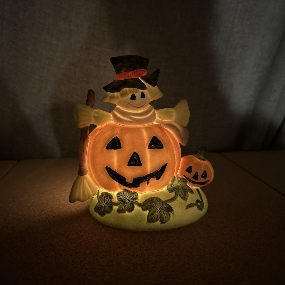 Vtg Retro Halloween Scarecrow Jack-O-Lantern Votive Candle Holder Ceramic 5.5