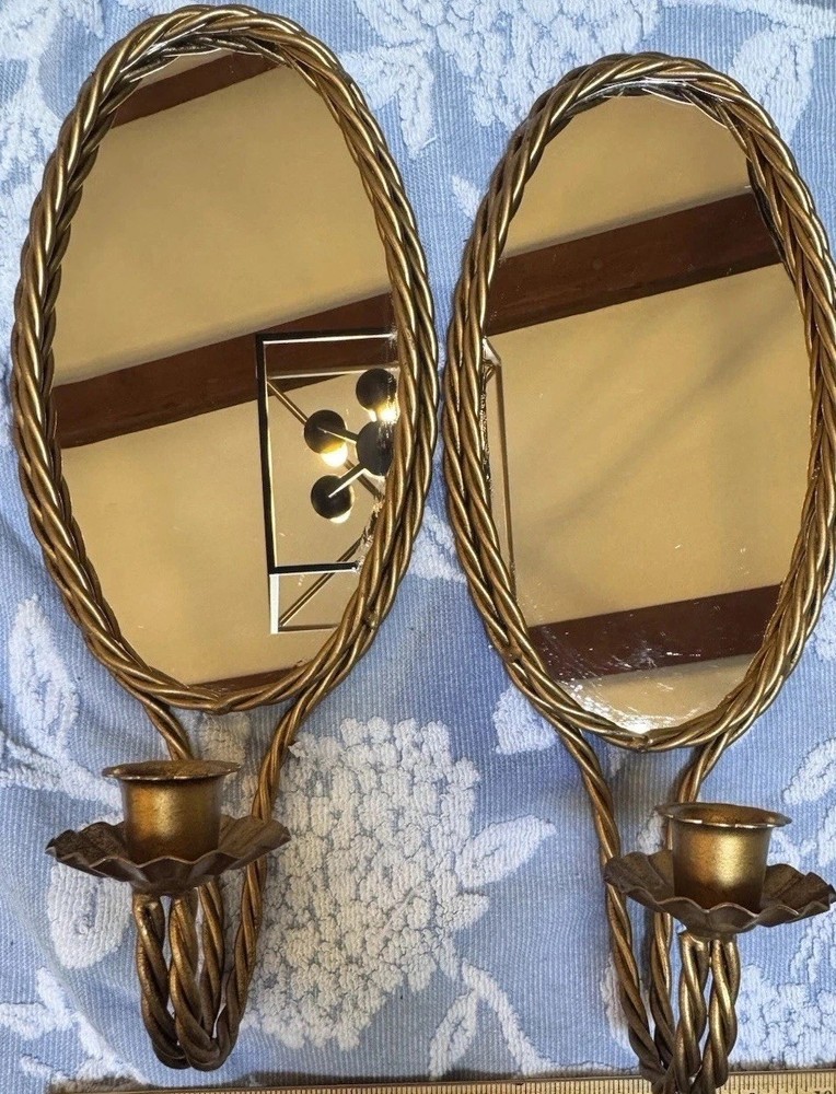 Vtg Pair Gold Metal Twisted Rope Oval Mirror Wall Candle Sconces Hollywood