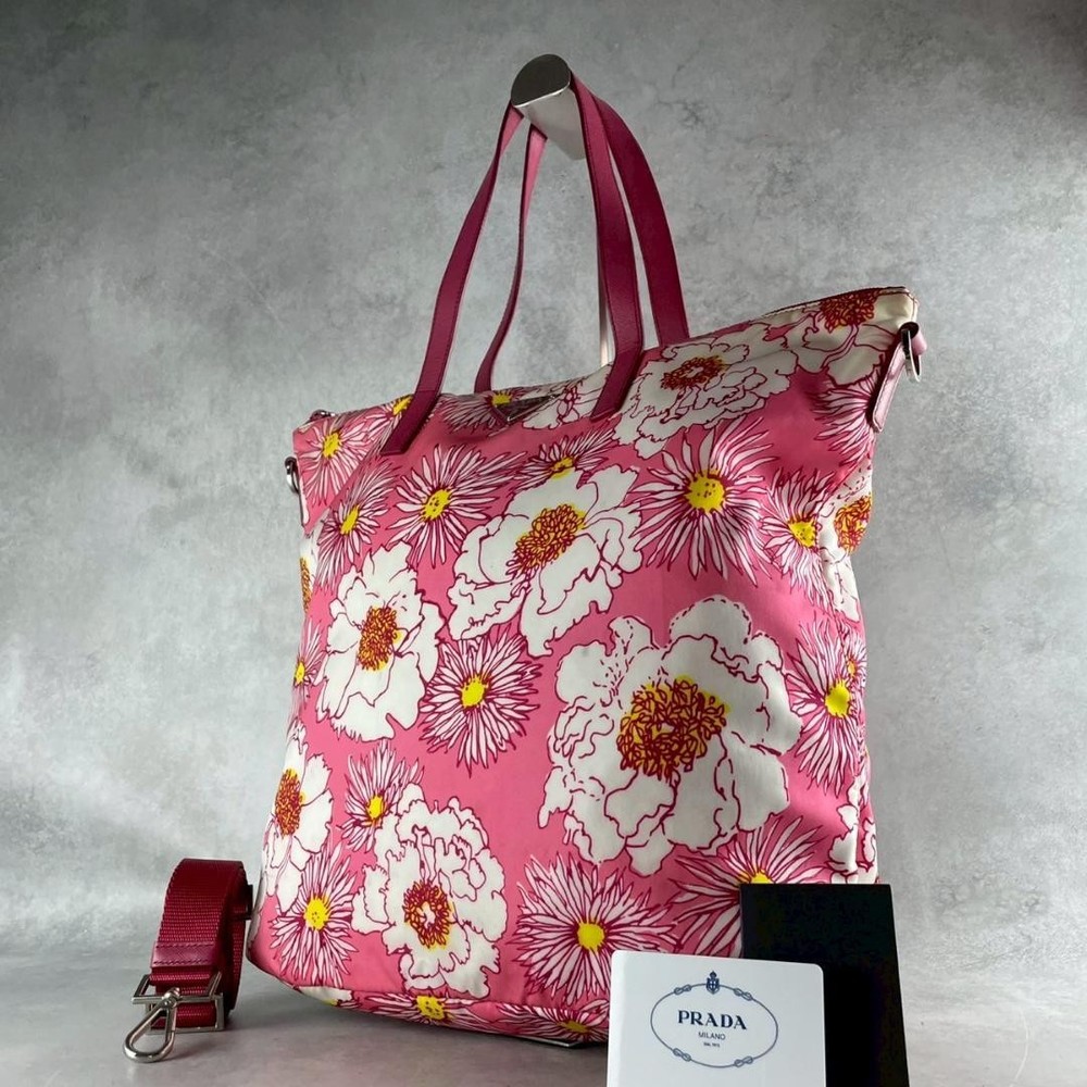 Prada Triangle Floral Two-Way Tote Bag in Leather