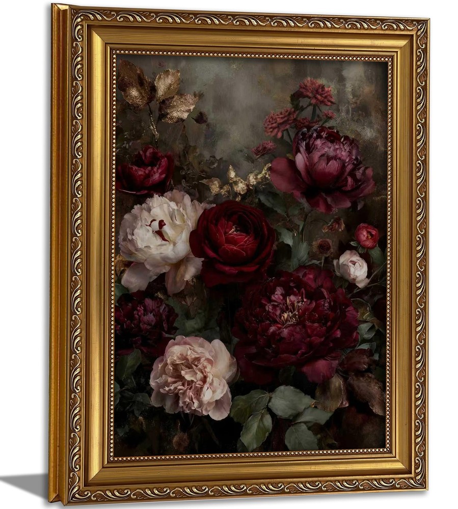 Vintage Gold Framed Floral Wall Art Dark Moody Flower Botonical Canvas Painti...