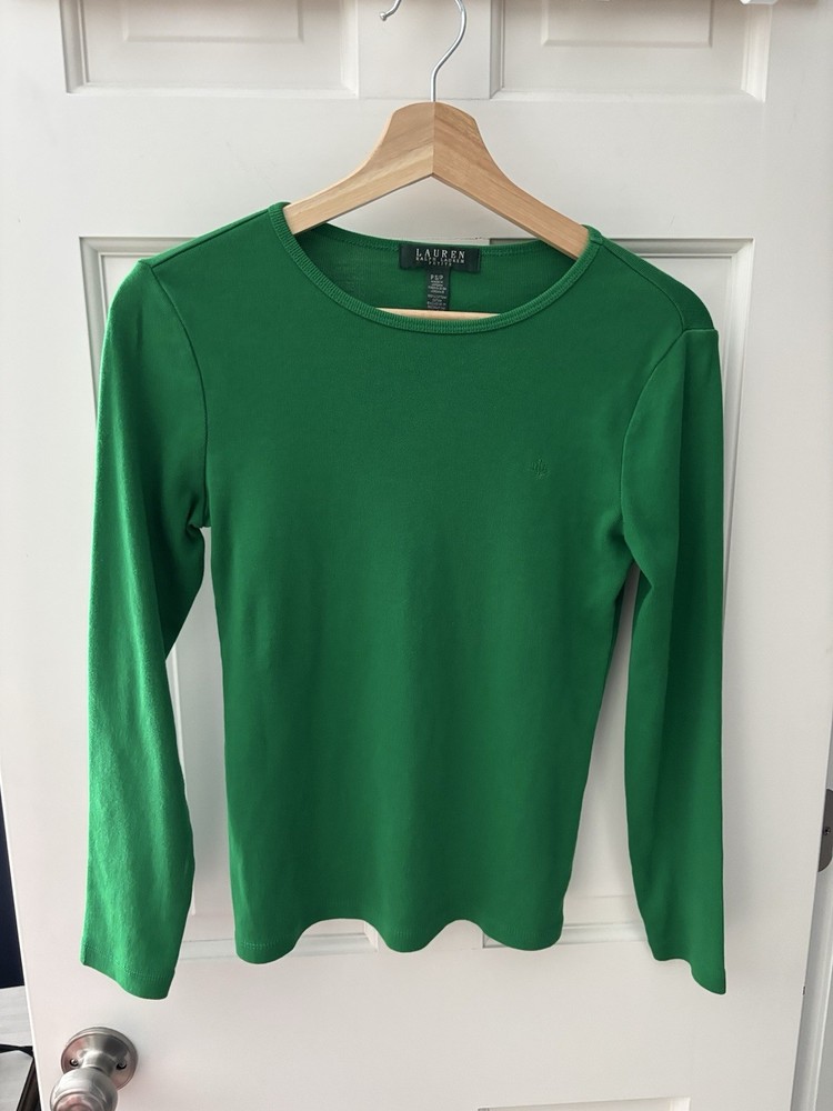 Ralph Lauren Kelly Green Women's Long Sleeve Cotton Tee Size Petite Small Logo