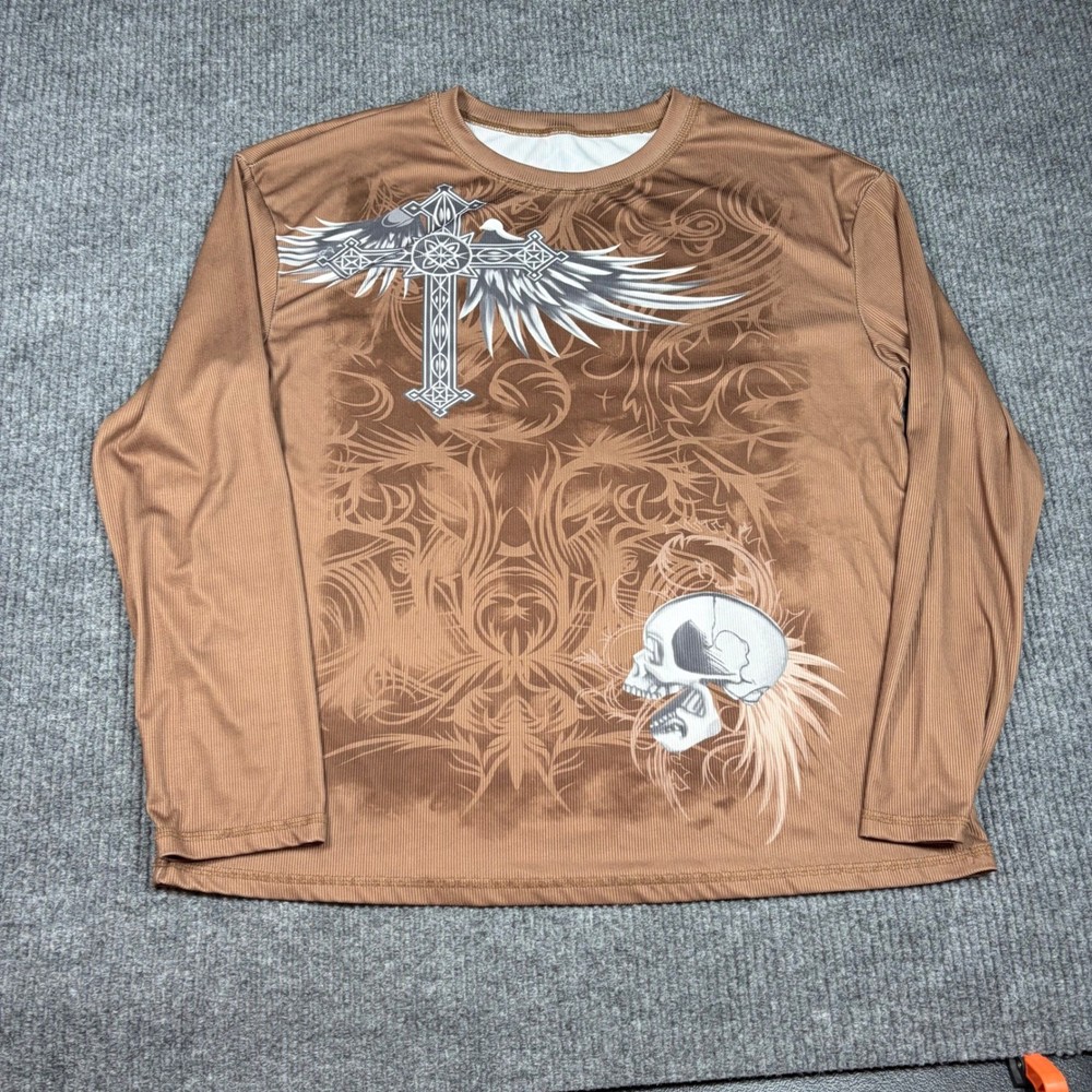 Grunge Shirt Men's L Brown Graphic Long Sleeve Skull Winged Cross Y2K Style