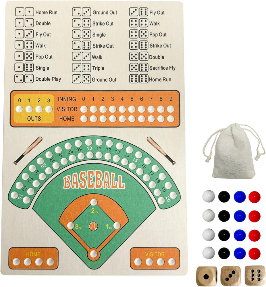 Wooden Baseball Board Game, Baseball Dice Board Game with Marbles, Classic Table