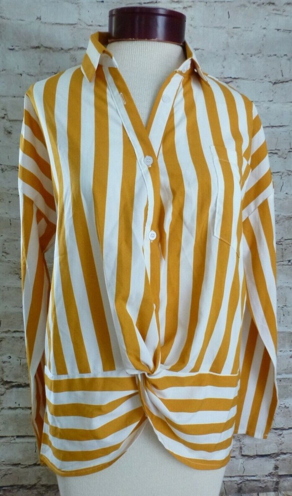 Gaovot Womens Small White Yellow Mustard Striped Collared Knot Blouse Shirt