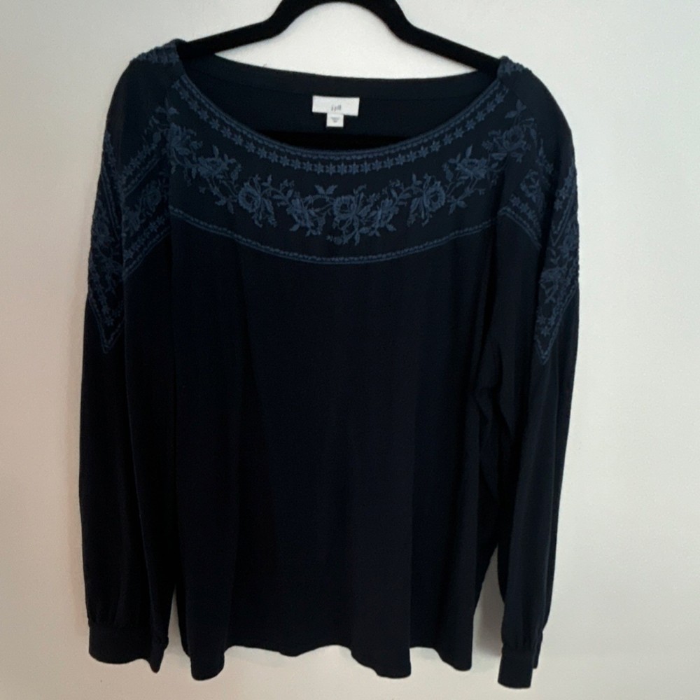 J. Jill Women's Navy Blue Embroidered Floral Knit Tunic Blouse 2X Cotton Tencel