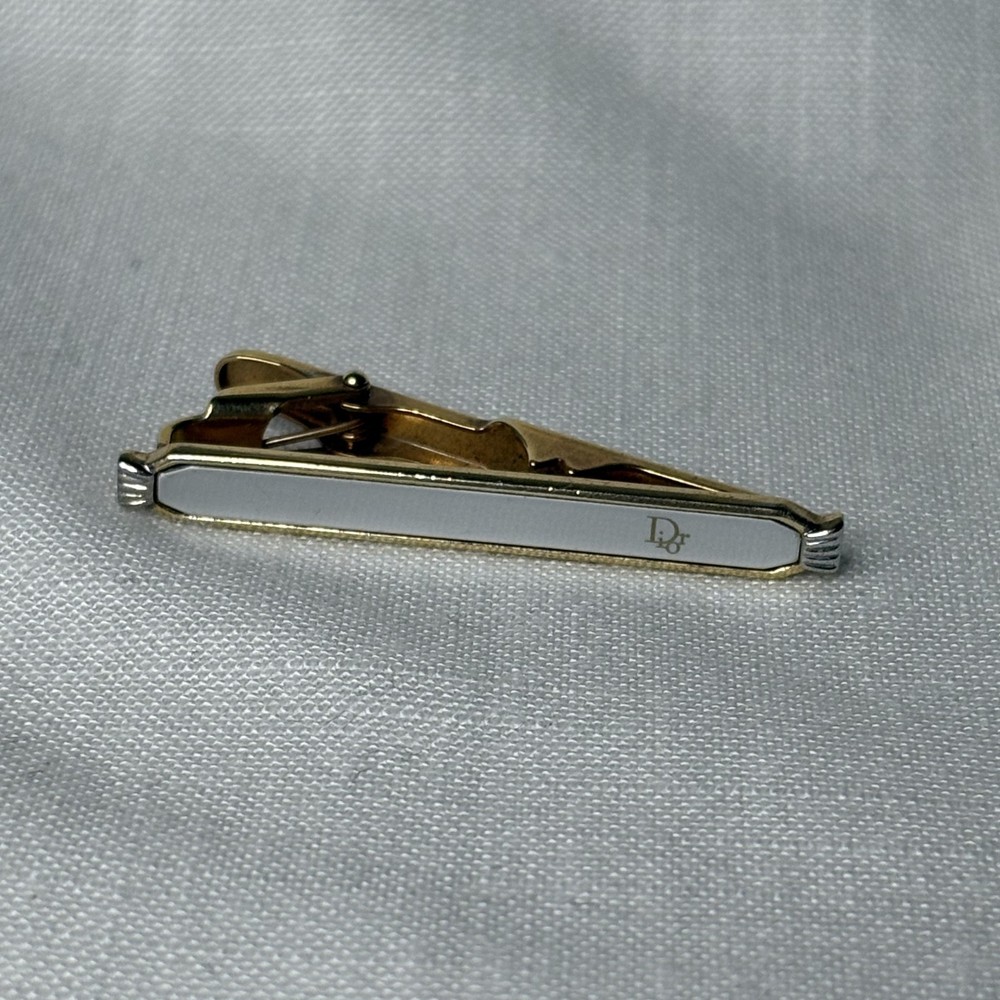 CHRISTIAN DIOR Monsieur Vintage Tie Clip Two Tone Silver Gold Beveled