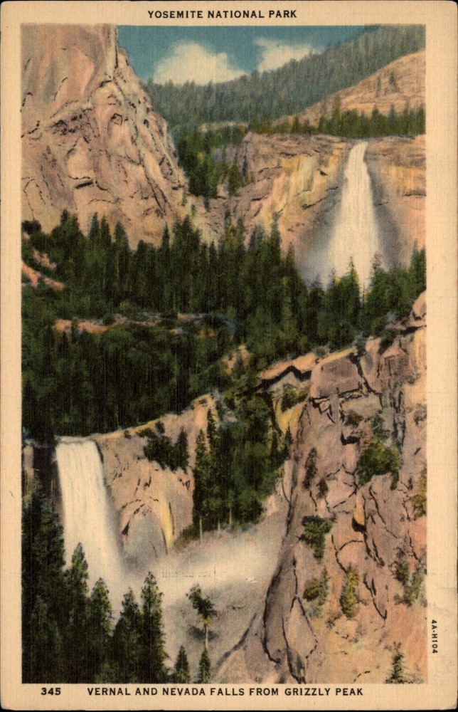 Yosemite National Park Vernal and Nevada Falls vintage postcard v556