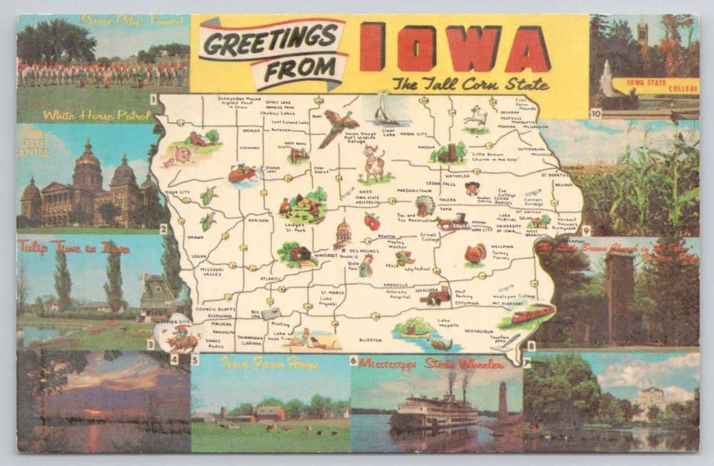 Vtg Greetings From Iowa The Tall Corn State Map Postcard Multi-View Ames Des