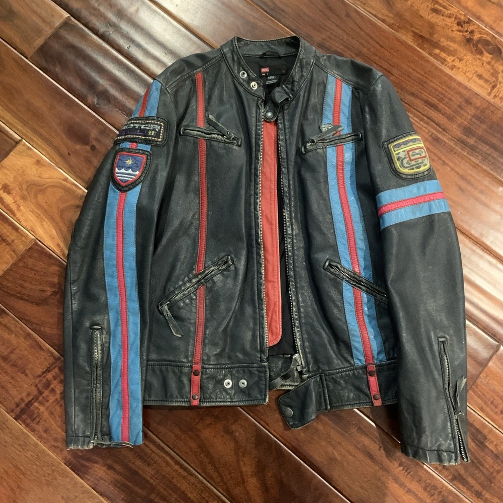 DIESEL HOJE LEATHER CAFE RACER MOTORCYCLE JACKET sz M Medium vintage black grey