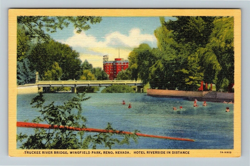 Reno NV-Nevada, Hotel Riverside, Truckee River Bridge Vintage Souvenir Postcard
