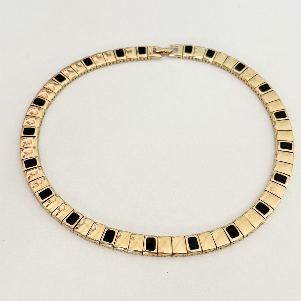 Vintage Monet Signed Gold Tone Black Enamel Collar Chain Link Necklace