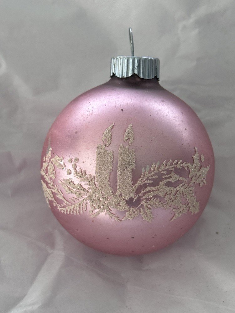 Vintage WWII Shiny Brite Stenciled Candles Soft Pink Mica Ornament Rare!