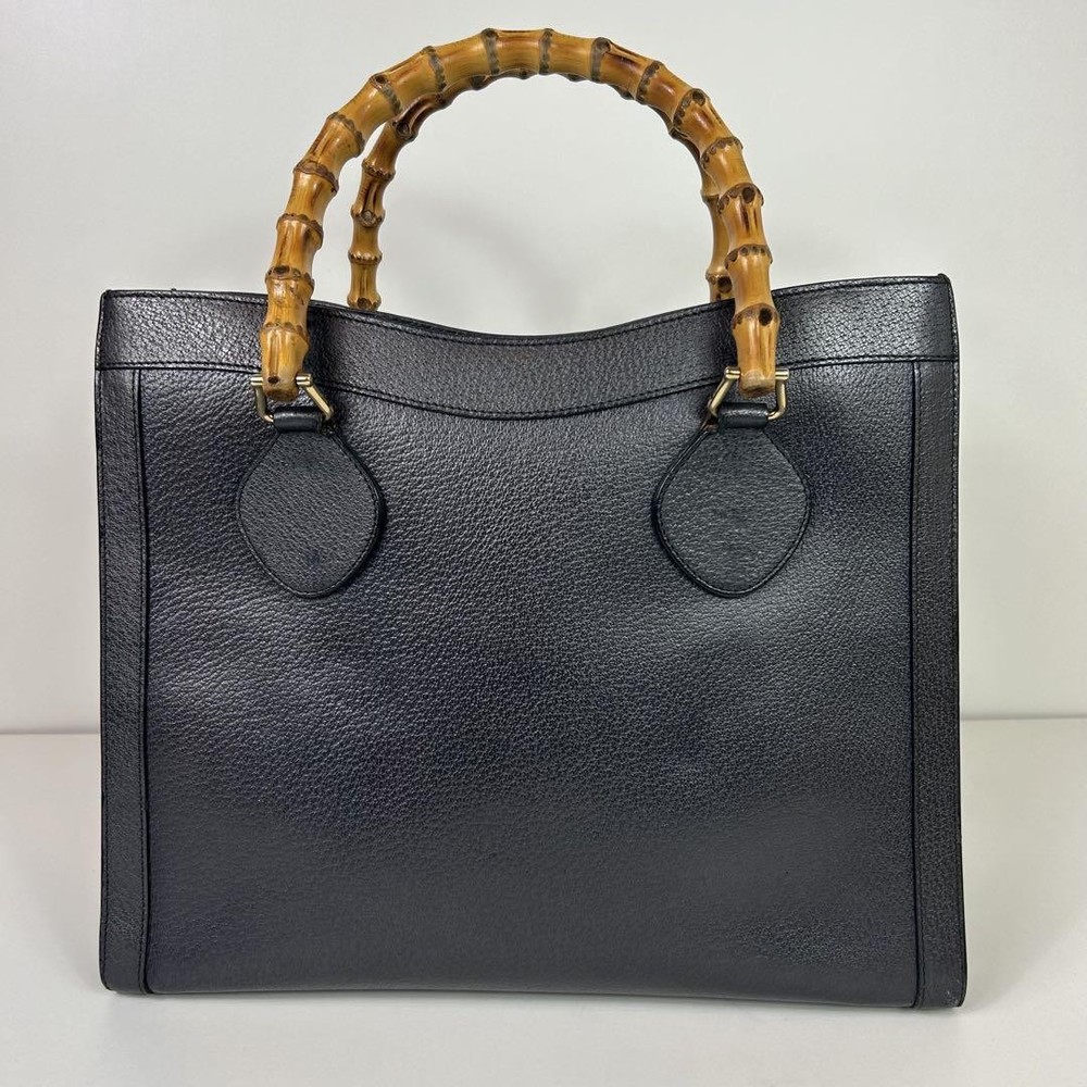 GUCCI Diana Black Leather Bamboo Handle Tote Handbag Excellent Pre-Owned Condition