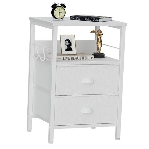 Nightstand with 2 Fabric Drawers, White Bedside Table with 2-Tier Shelf, Side