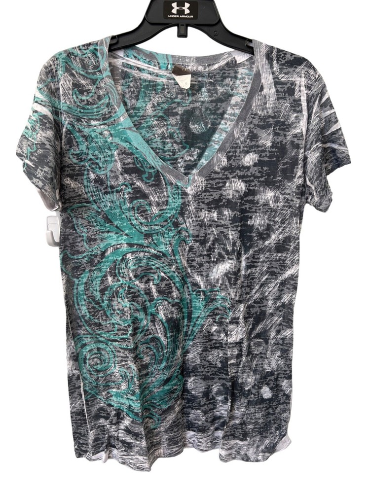 Cruel Girl V Neck Graphic Tee Womens 2XL Gray & Teal Abstract Design Cotton Blen-image