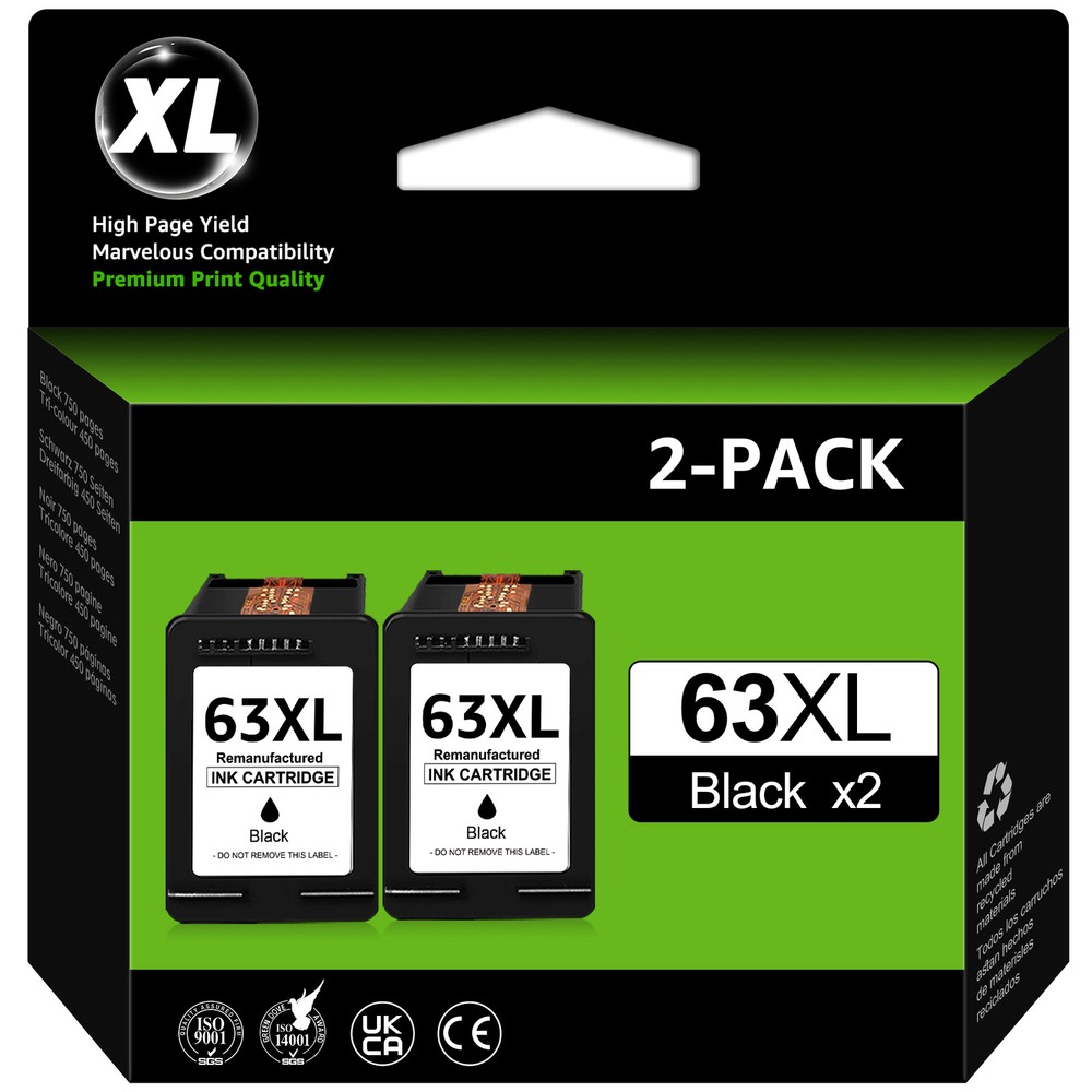 2PK 63XL Black Ink Cartridge Replacement for HP 63 OfficeJet 3830 4650 Envy 4520
