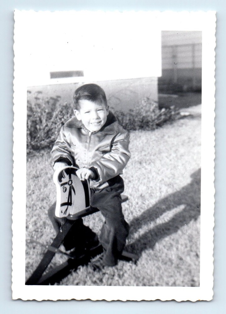 Old Vintage Photo SOLO BOY RIDING TOY ROCKING HORSE SNAPSHOT PICTURE PIC