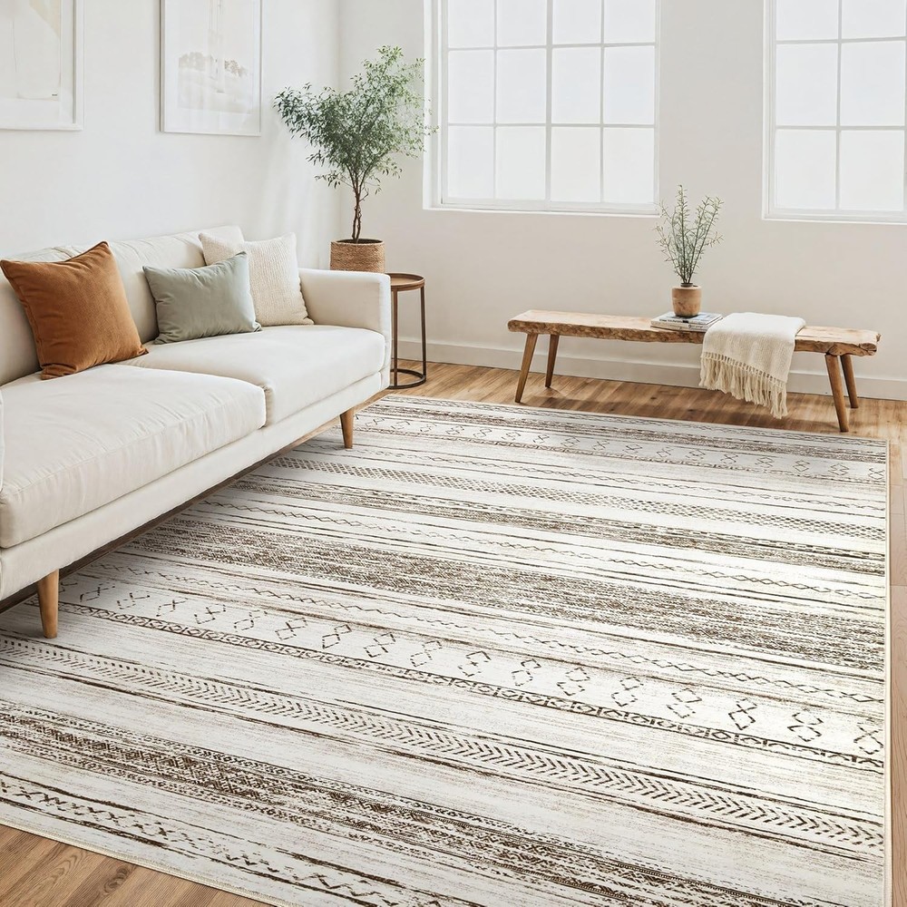 Area Rug Living Room Rugs - 5x7 Washable Large Soft Neutral Boho Moroccan Boh...