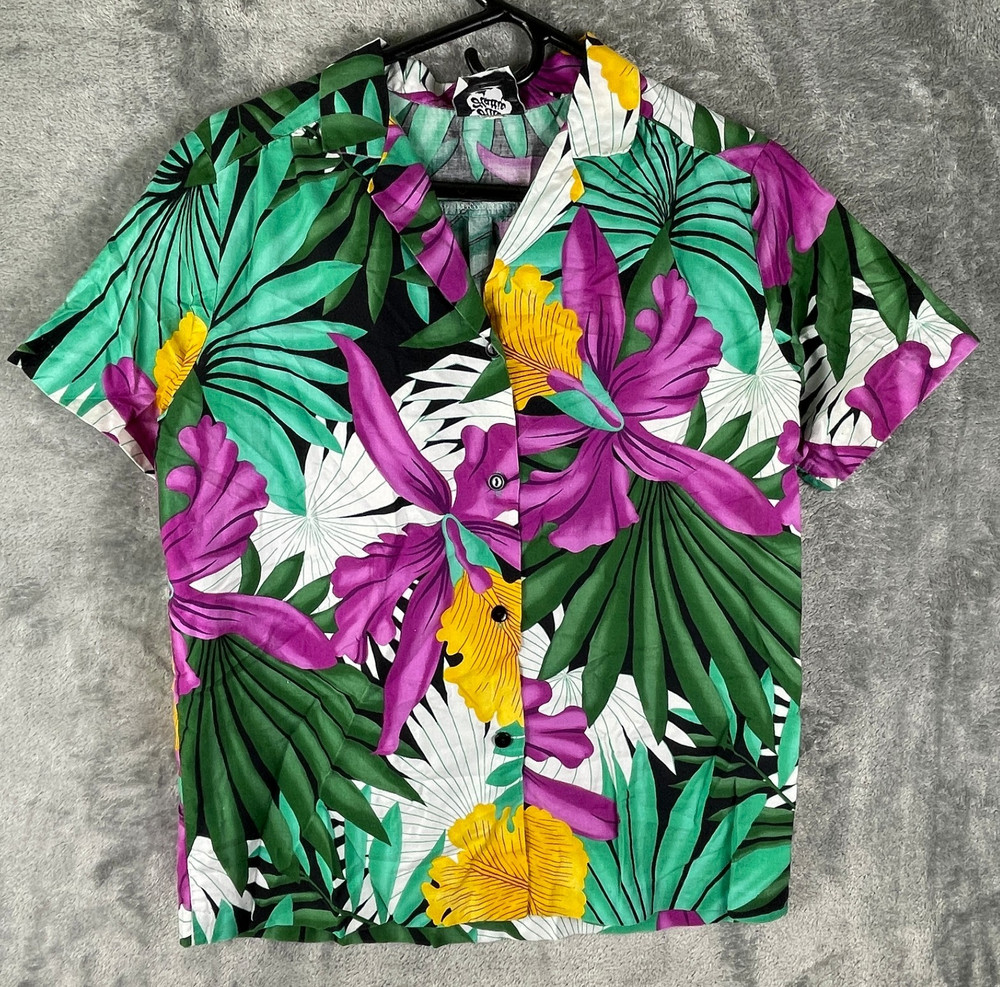 Vintage Hilo Hattie Shirt Womens Small Pink Green Hawaiian Floral Leaf Button Up