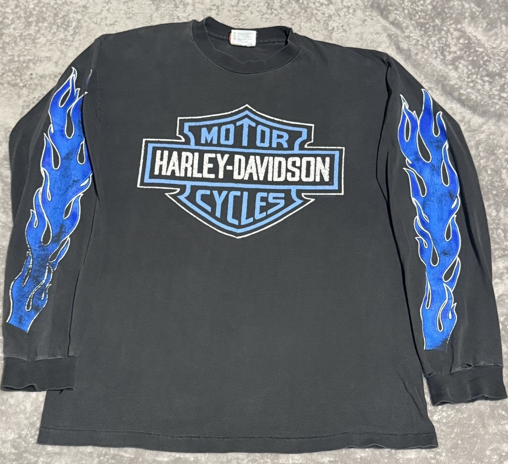 Vintage 80sHarley Davidson Blue Flame Long Sleeve Size Medium/Small Faded 1988