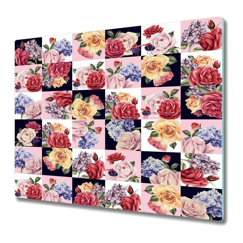 Glass Chopping Cutting Board Patchwork romantic flowers Colourful 60x52